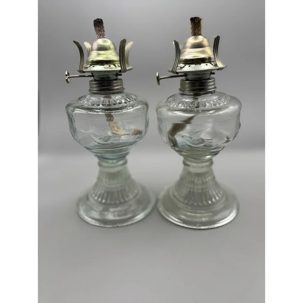 VINTAGE AN QING MmmmClear Glass Oil Lamp Base Pair - Pressed Bird Design
